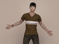 3D Render : Portrait of a smiling young handsome asian man in brown T-shirt and jeans Royalty Free Stock Photo