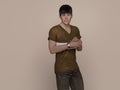 3D Render : Portrait of a smiling young handsome asian man in brown T-shirt and jeans Royalty Free Stock Photo