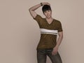 3D Render : Portrait of a smiling young handsome asian man in brown T-shirt and jeans Royalty Free Stock Photo