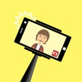 Portrait of smiling young man on smartphone. Selfie stick monopod. Vector illustration. Royalty Free Stock Photo