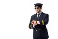 portrait of smiling young pilot in sunglasses checking time Royalty Free Stock Photo