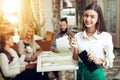 Portrait smiling young waitress standing in cafe Royalty Free Stock Photo