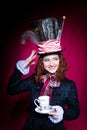 Portrait of smiling young woman in the similitude of the Hatter Royalty Free Stock Photo