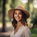 Portrait of a smiling young woman wearing a summer hat in a park1