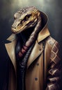 Portrait of a snake in human stylish clothes. Personification of animal features. Standing confidently and decisively.