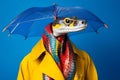 Portrait of a snake wearing a raincoat and an umbrella in studio, colorful background. Autumn concept. Generative AI