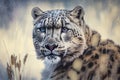 Portrait of a snow leopard in the background of a snowy landscape. AI generated Royalty Free Stock Photo