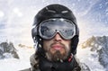 Portrait of a snowboarder while blizzard in wintry environment