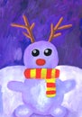 A portrait of a snowman with twigs on his head. Children`s drawing