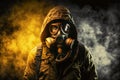 Portrait of solder patrolling wearing gas mask in a postapocalyptic land surrounded by smoke and dust, Generative ai Royalty Free Stock Photo