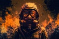 Portrait of solder patrolling wearing gas mask in a postapocalyptic land surrounded by smoke and dust, Generative ai Royalty Free Stock Photo