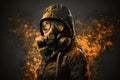 Portrait of solder patrolling wearing gas mask in a postapocalyptic land surrounded by smoke and dust, Generative ai Royalty Free Stock Photo