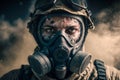 Portrait of solder patrolling wearing gas mask in a postapocalyptic land surrounded by smoke and dust, Generative ai Royalty Free Stock Photo