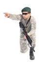 Portrait of soldier or commander holding his rifle and pointing Royalty Free Stock Photo