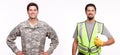 Portrait of a soldier and construction worker posing against white.