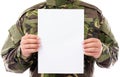 Portrait of a soldier holding white sheet of paper