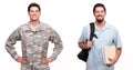 Portrait of a soldier and a young man with backpack and document Royalty Free Stock Photo