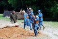 Portrait of soldiers-reenactors in blue uniform.