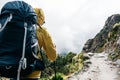 Portrait of solo hiker wearing professional backpack walk across foggy mountains way. Man tourist traveling along by rocky track