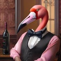 A portrait of a sophisticated flamingo in a bow tie and suspenders, enjoying a glass of wine3
