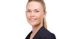 Portrait, space and a confident business woman in studio isolated on a white background for work. Face, smile and mockup