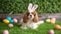 Portrait of a spaniel dog with bunny ears and easter eggs on the grass Royalty Free Stock Photo