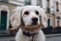 white spaniel dog outside. concept of veterinary medicine, dog handler, dog walking. generative AI Royalty Free Stock Photo