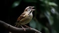 Portrait of a sparrow standing on a branch on a dark background