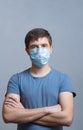 Portrait of specialist doctor in surgical mask and blue uniform folded hands on his chest and confidently looking to the future on