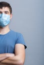 Portrait of specialist doctor in surgical mask and blue uniform folded hands on his chest and confidently looking to the future on