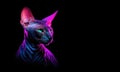 Portrait of Sphynx cat with neon lighting, on black backgroundm with copy space.