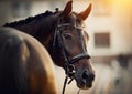 Portrait sports brown stallion in the bridle. Equestrian sport Royalty Free Stock Photo