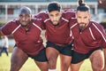 Portrait, sports and a rugby team training together for a scrum in preparation of a game or competition. Fitness Royalty Free Stock Photo