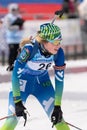 Portrait sportswoman biathlete Legostaeva Anastasia Nyagan after skiing and rifle shooting. Open regional youth biathlon