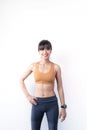 Portrait of sporty Asian woman on white background. A happy smiley woman face. Healthy quarantine concept