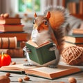 Portrait squirrel reading book. Generative AI