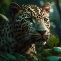 Portrait Of A Sri Lankan Leopard With Leaves Fused With The Green Leaves And Roots. Generative AI