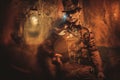 Portrait of steampunk man with various mechanical devices on vintage steampunk background Royalty Free Stock Photo