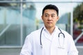 stern and serious asian male doctor on the background of a modern outdoor clinic Royalty Free Stock Photo