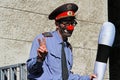 Portrait of a street actor in the form of a policeman on stilts at the festival `Inspiration` in the park VDNH in Moscow
