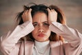 Portrait, stress and woman in office with anxiety, problem or mental health issue on wall background. Frustrated, lady