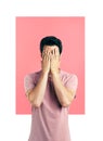 Portrait of stressed despair man closed face by two hands Royalty Free Stock Photo