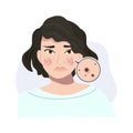 Portrait of Stressed Female with Troubled Skin. Acne, Blackhead Skin Close Up. Flat vector cartoon illustration