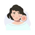 Portrait of Stressed Female with Troubled Skin. Acne, Pustule Skin Close Up. Flat vector cartoon illustration