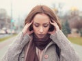 Portrait stressed sad woman outdoors. City urban life style stress Royalty Free Stock Photo