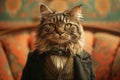 Portrait of a striped grey cat in stylish vintage clothes in a retro interior Royalty Free Stock Photo