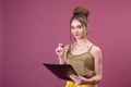 Portrait of student girl with pen and paper folder. Young pretty worker writing something in her papers Royalty Free Stock Photo