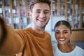 Portrait, students and selfie in a library with friends, relax and study together at university campus. Education