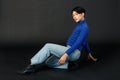 Portrait studio closeup full body shot of Asian young sexy luxury glamour slim fashionable LGBTQ gay male model in turtleneck long Royalty Free Stock Photo