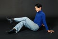 Portrait studio closeup full body shot of Asian young sexy luxury glamour slim fashionable LGBTQ gay male model in turtleneck long Royalty Free Stock Photo